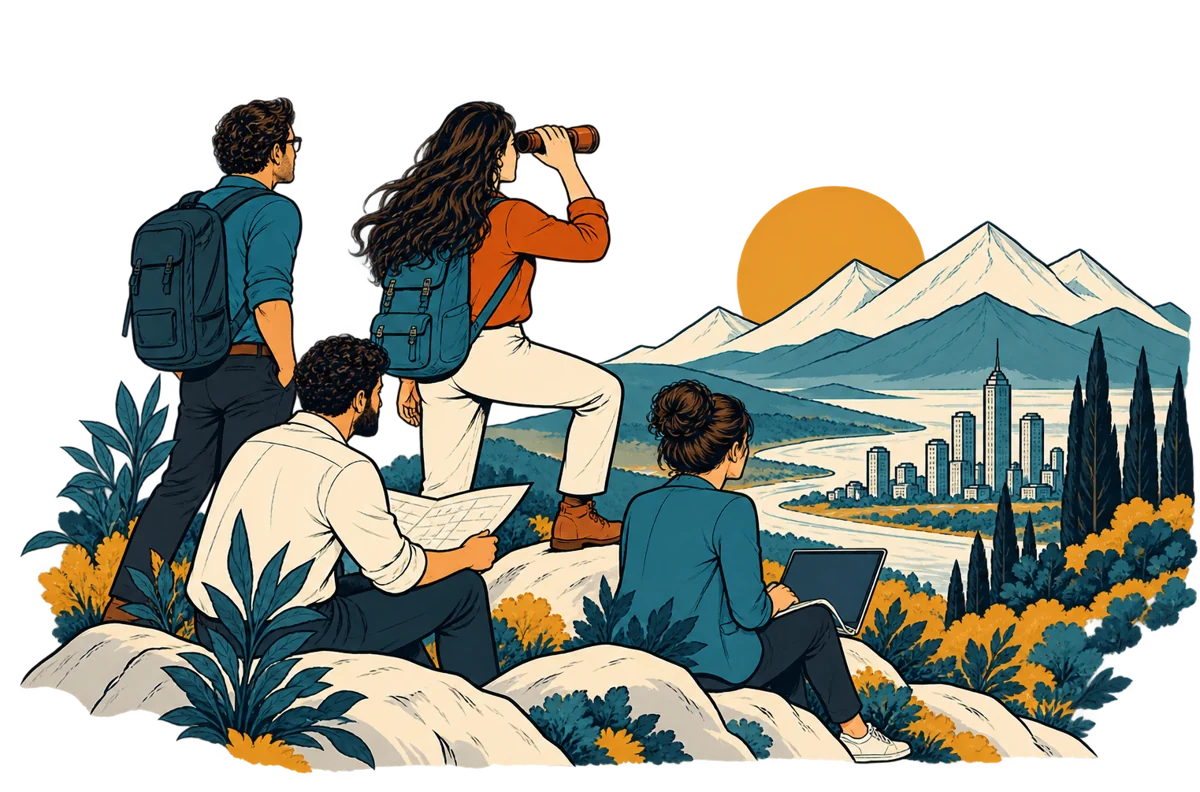 A team looking out over mountains and a city towards the sunrise