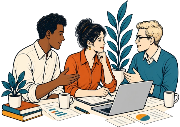Three people sharing expertise around a table