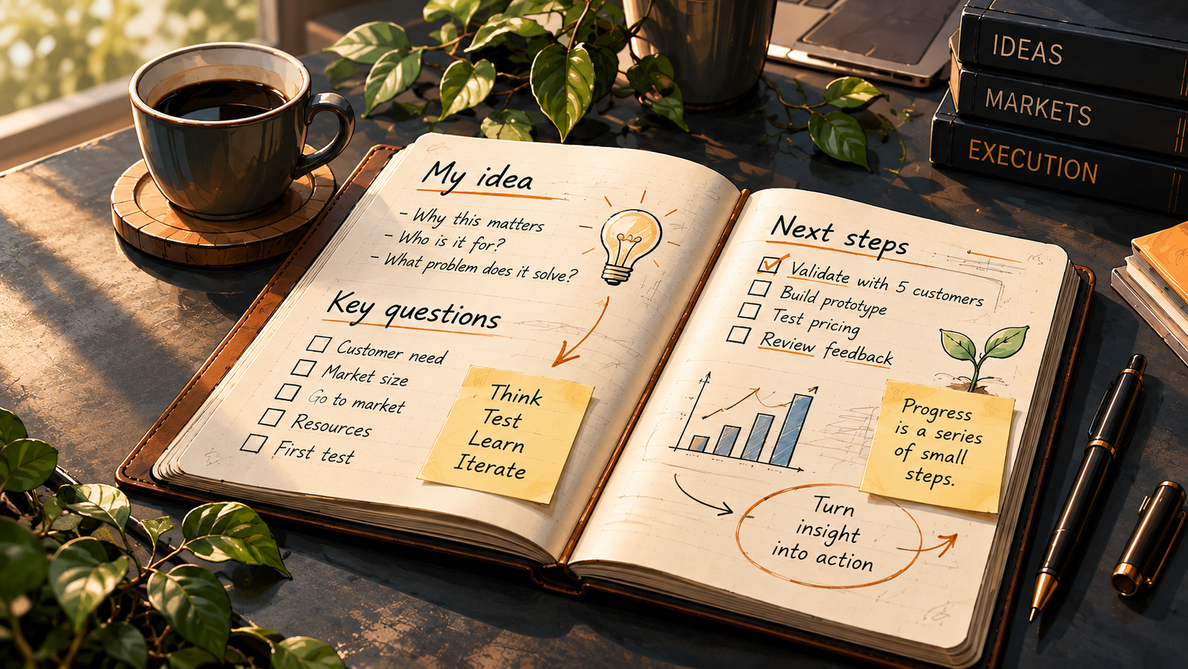 An open founder journal filled with handwritten ideas, key questions, next steps, a growth chart and sticky notes